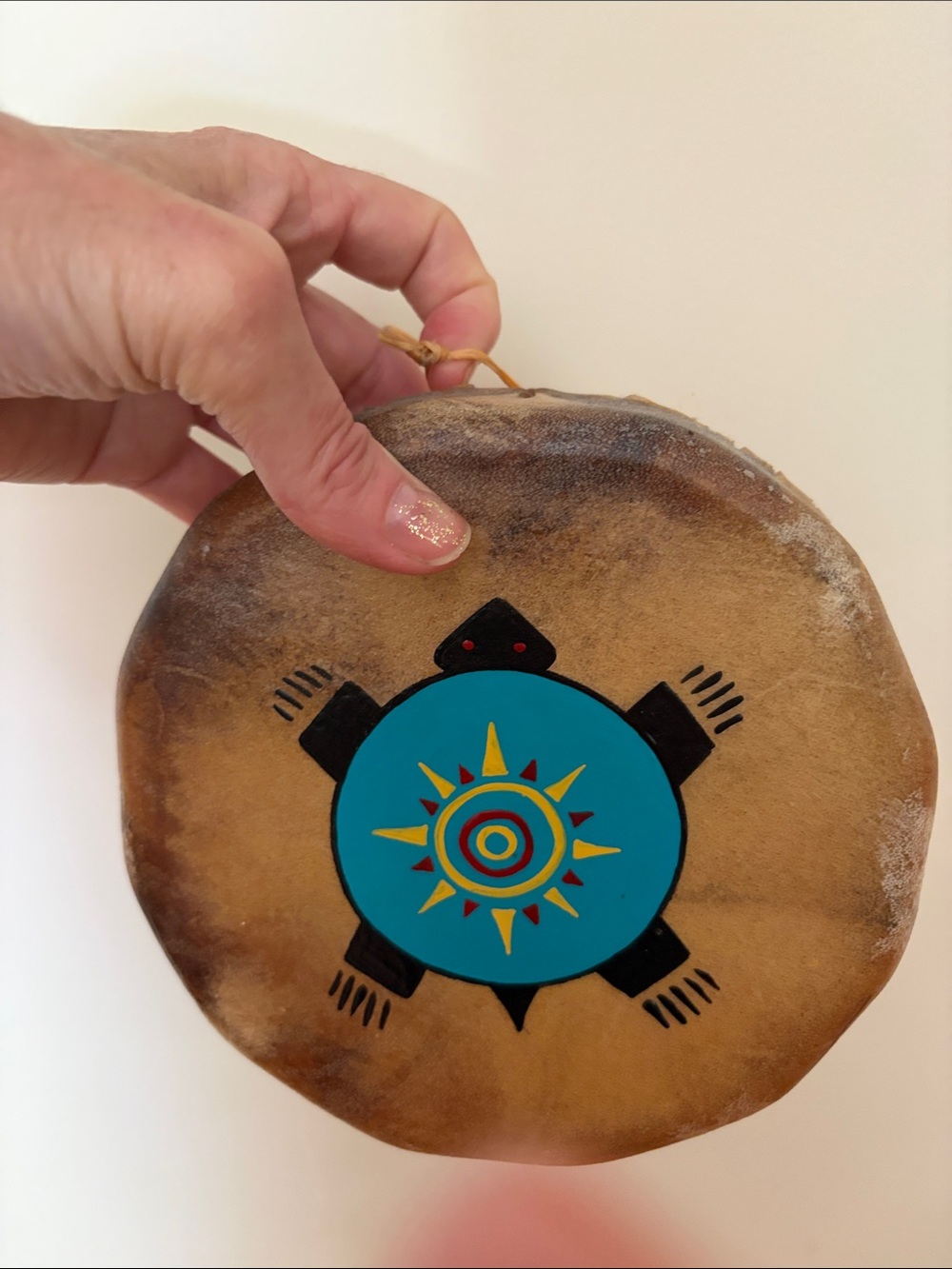 Small Artisan Handpainted Turtle Drum with Turquoise Sun Design- Trout